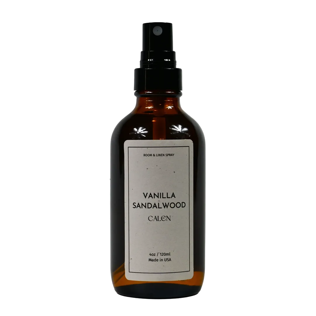 Vanilla Sandalwood 4oz room spray in amber bottle, eco-friendly, vegan, hand-mixed, non-toxic fragrance for cozy homes.