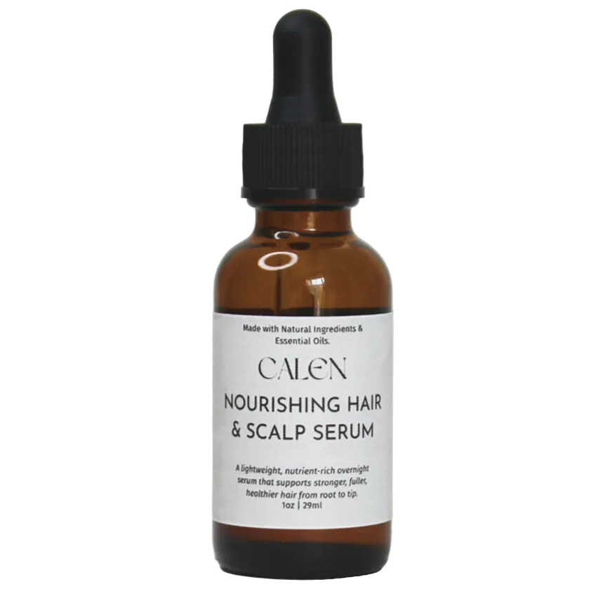 Brown glass bottle of Calen nourishing hair and scalp serum on a white background