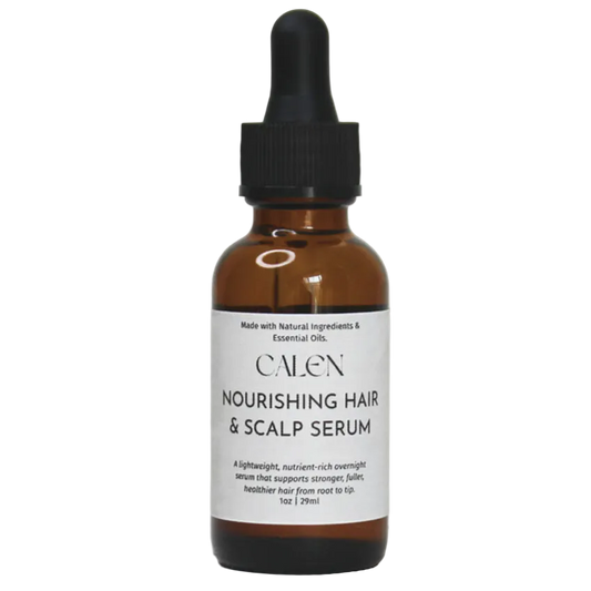Brown glass bottle of Calen nourishing hair and scalp serum on a white background