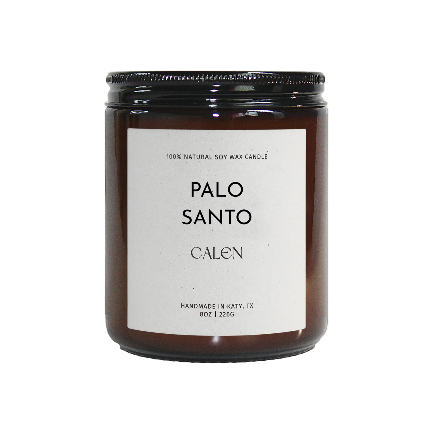 Candle labeled 'Palo Santo' by 'Calen' on a white background