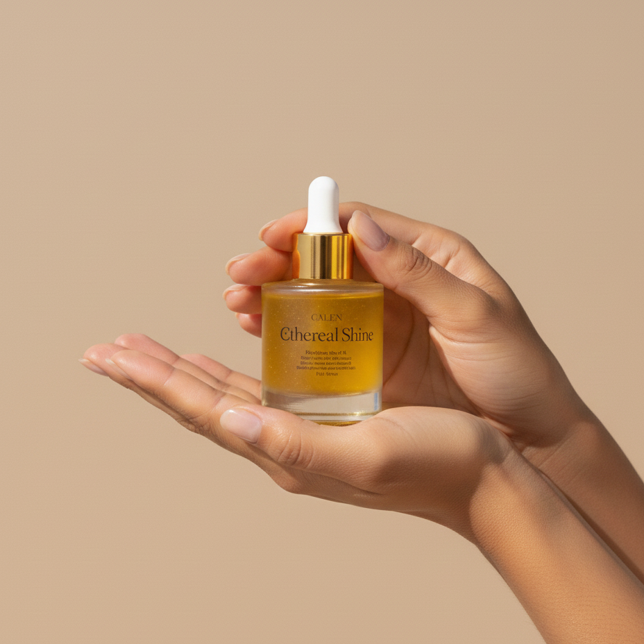 Hand holding a bottle of 'Ethereal Shine' serum against a beige background