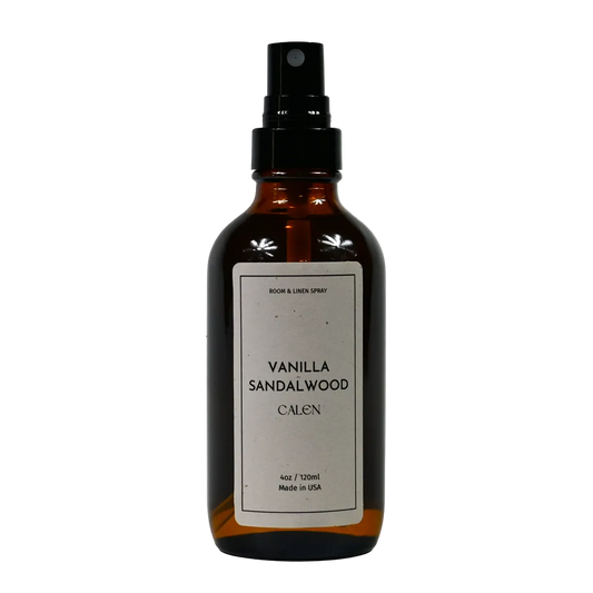 Vanilla Sandalwood 4oz room spray in amber bottle, eco-friendly, vegan, hand-mixed, non-toxic fragrance for cozy homes.